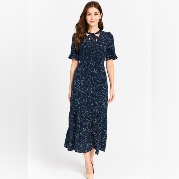 RHOAS Dress M Navy Polka Dot Midi  Tie Neck Ruffle Sleeve Chiffon - Picture 1 of 10